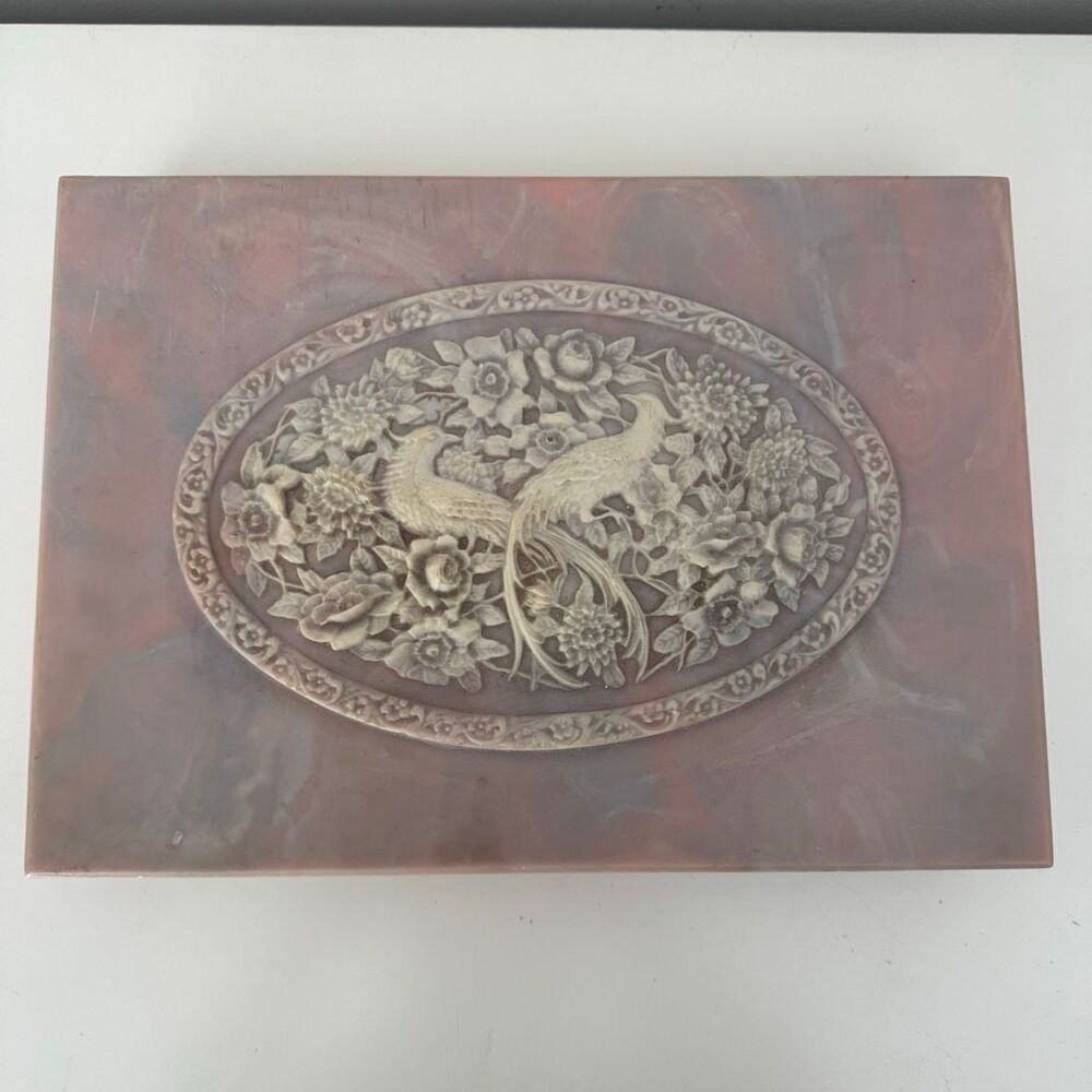 Vtg Hand Carved Stone Decorative Jewelry Box Ornate Peacock Floral Motif Large - Picture 12 of 12